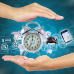 Business hand showing map and icon web symbol on hand