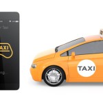 Yellow taxi and smart phone. Mobile taxi order service.